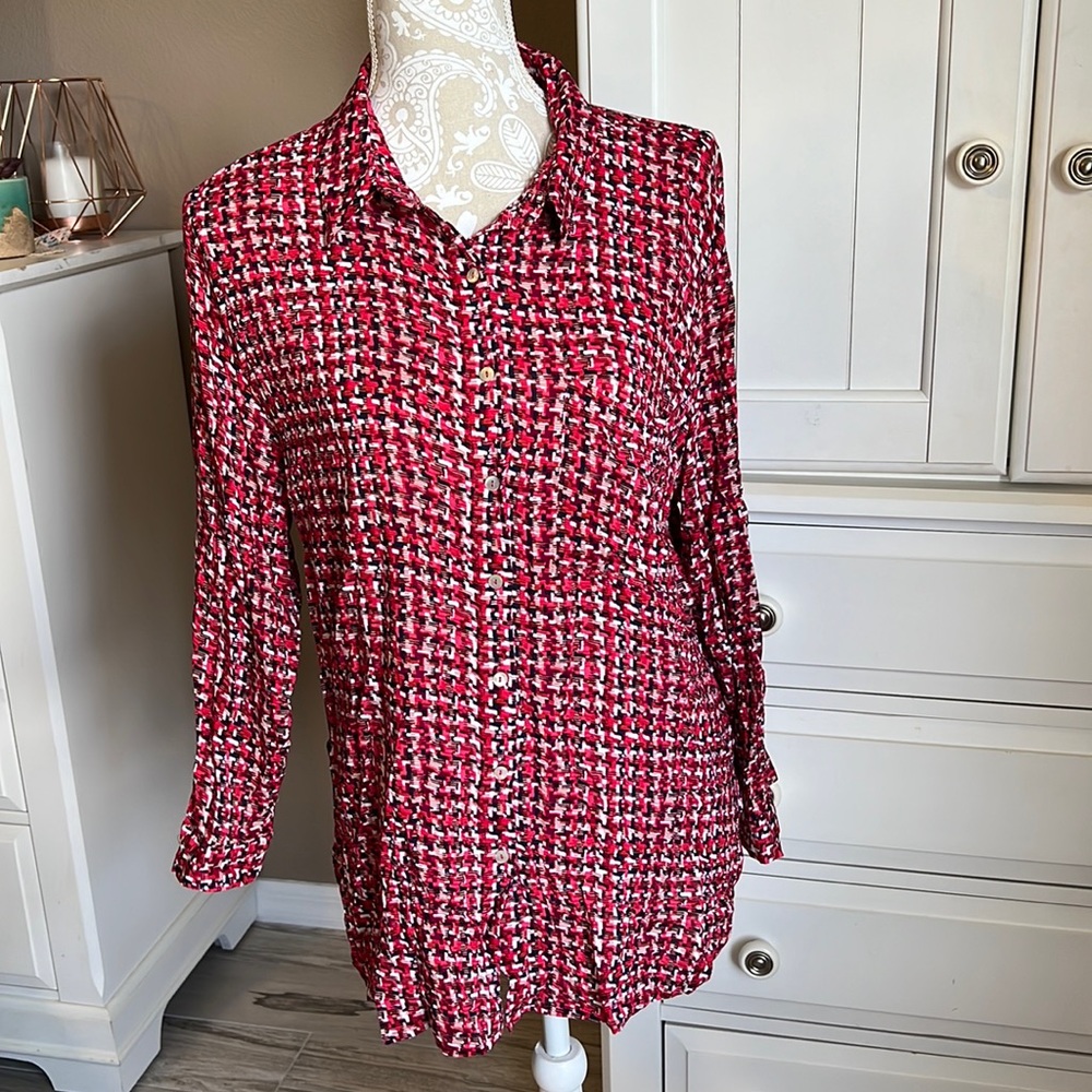 • Grand & Greene patterned button down blouse, XL •